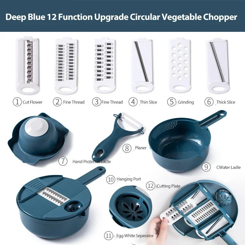 9-in-1 Multifunction Vegetable Chopper Manual Slicer & Shredder – Blue