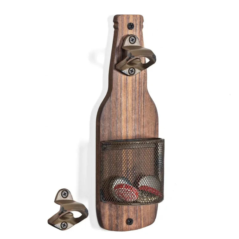 Industrial Wall Mounted Beer Bottle Opener with Cap Catcher Rustic Wooden Bottle Shaped Bar Opener – Brown