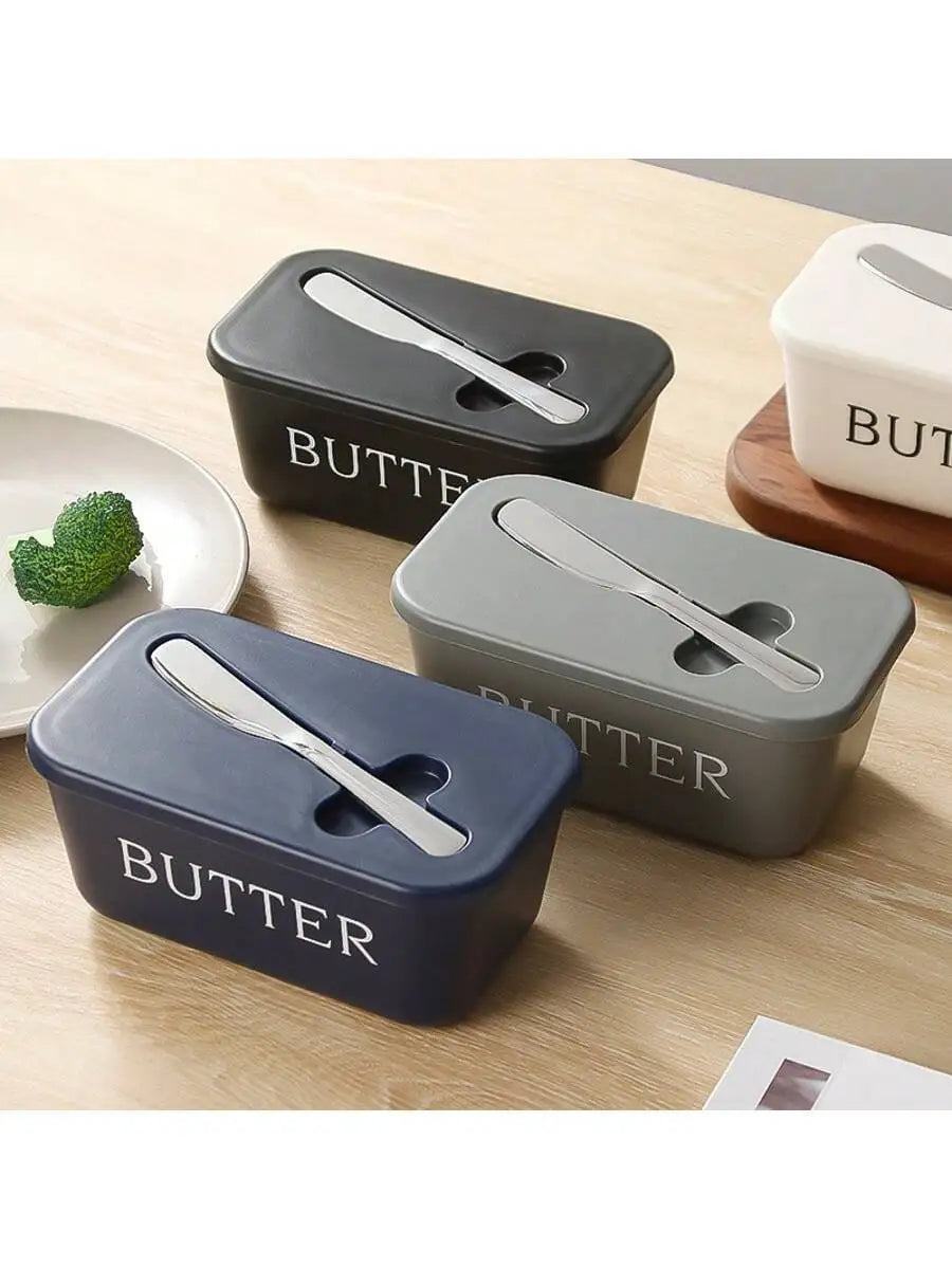 Butter Dish with Lid and Knife Airtight Plastic Butter Container Fridge - Grey