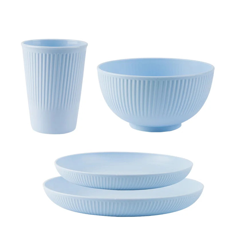 4 Piece Wheat Straw Dinnerware Set Bowl Cup Plate Tableware Kit for Camping and Picnics – Blue