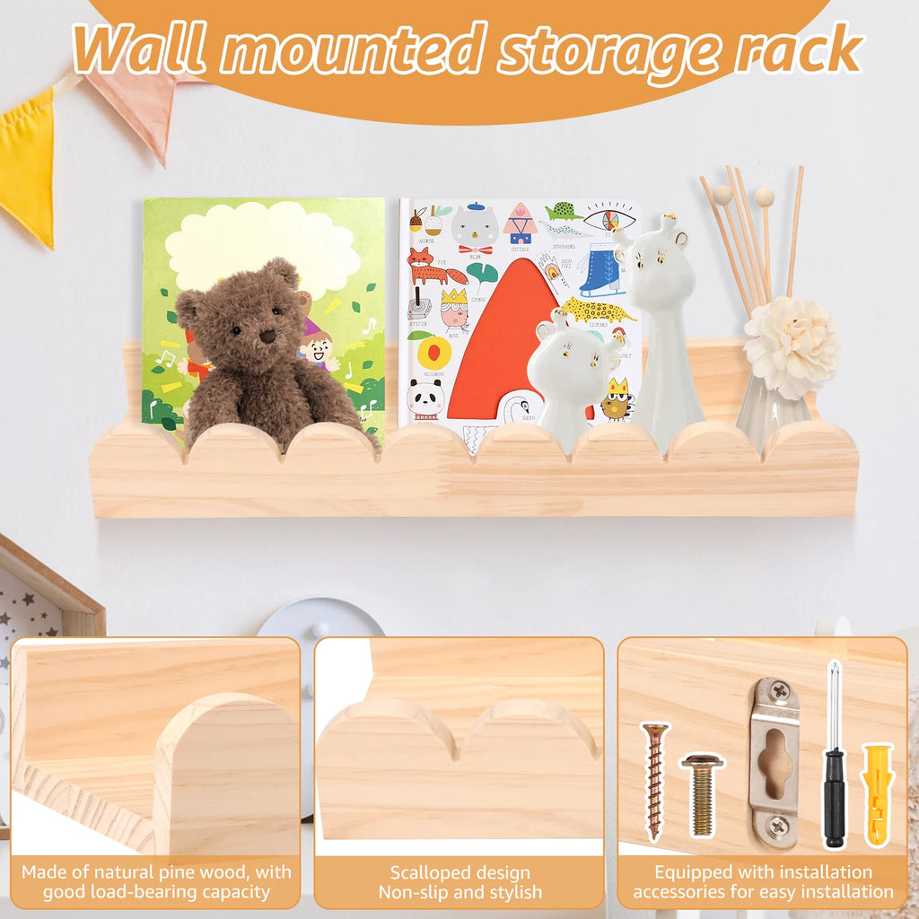 Wood Floating Wall Shelf Set with Scalloped Edge and Hooks – 3 Pieces