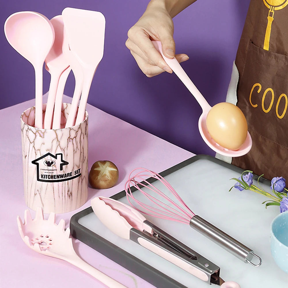 10-Piece Silicone Cooking Utensils Set with Storage Box – Pink
