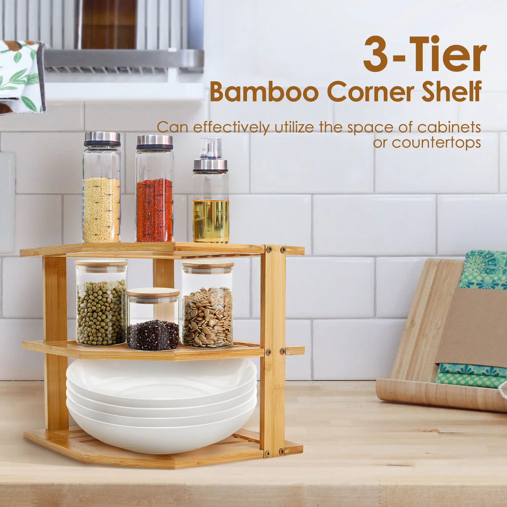 Cabinet Organiser 3 Tier Bamboo Corner Storage Shelf for Kitchen Countertop