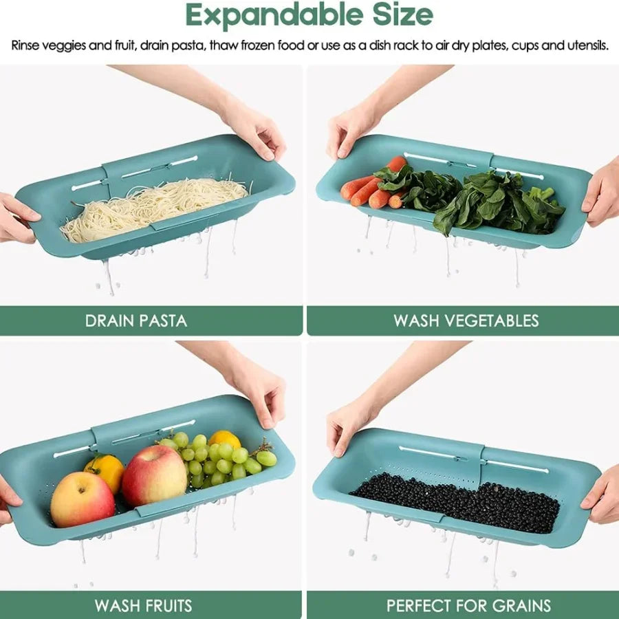 Extendable Over the Sink Colander Strainer Basket for Washing Fruits & Vegetables – Green