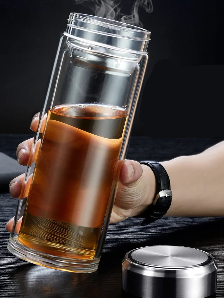 Glass Tea Bottle 1000mL Double Wall Infuser Portable Drinking Cup with Stainless Steel Lid