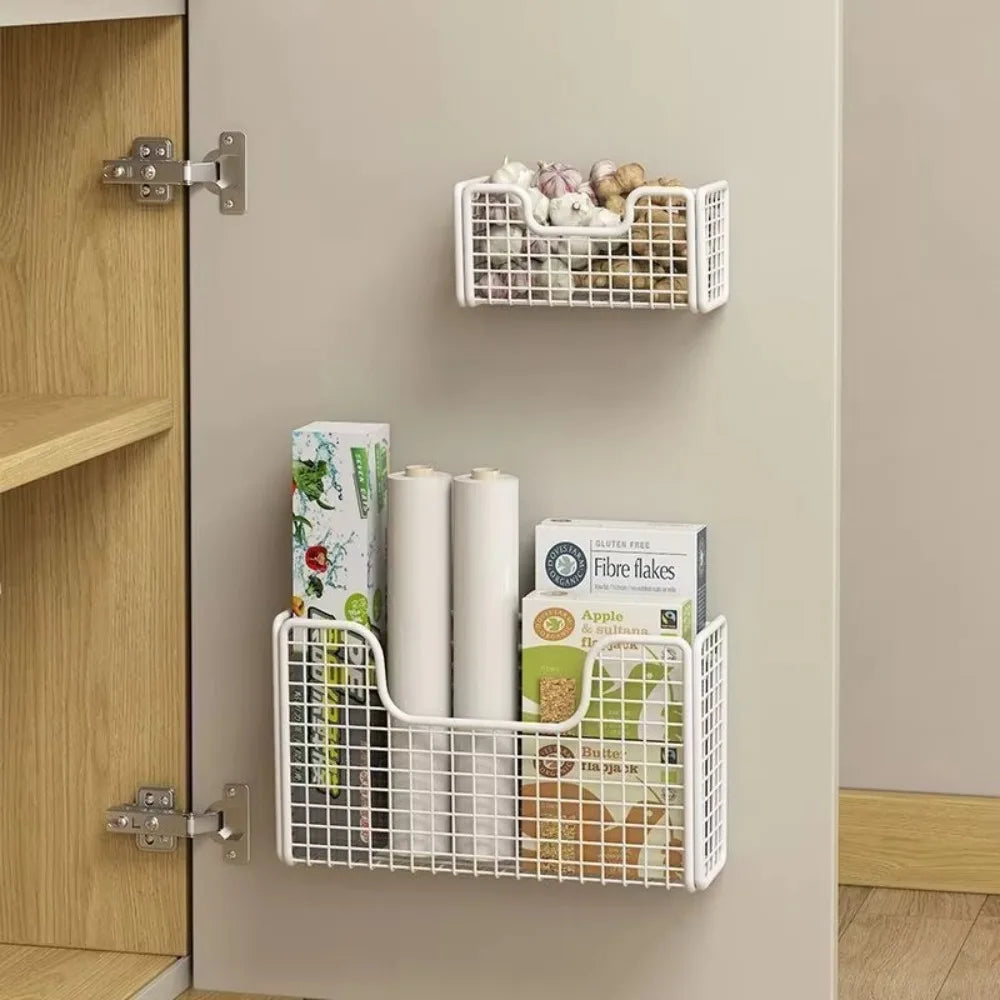 Cabinet Door Storage Rack Wall Mounted Punch Free Kitchen Organiser with 2 Adhesive Hooks – Black