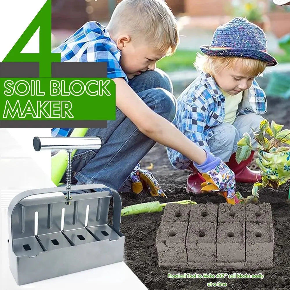 Soil Block Maker – 4-Cell Handheld 50mm Seedling Blocking Tool for Garden & Greenhouse Use
