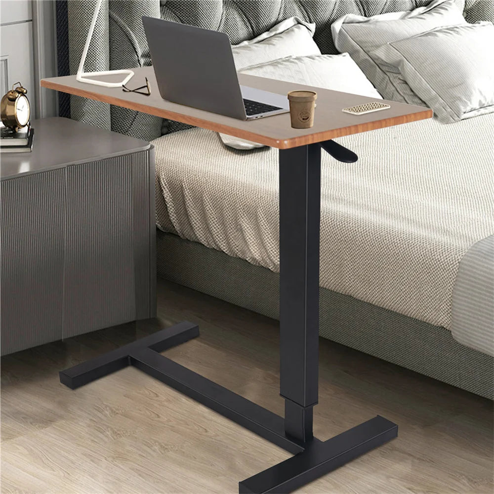 Overbed Laptop Table Adjustable Height Rolling Desk 80cm Wooden Top Bedside Stand - Brown