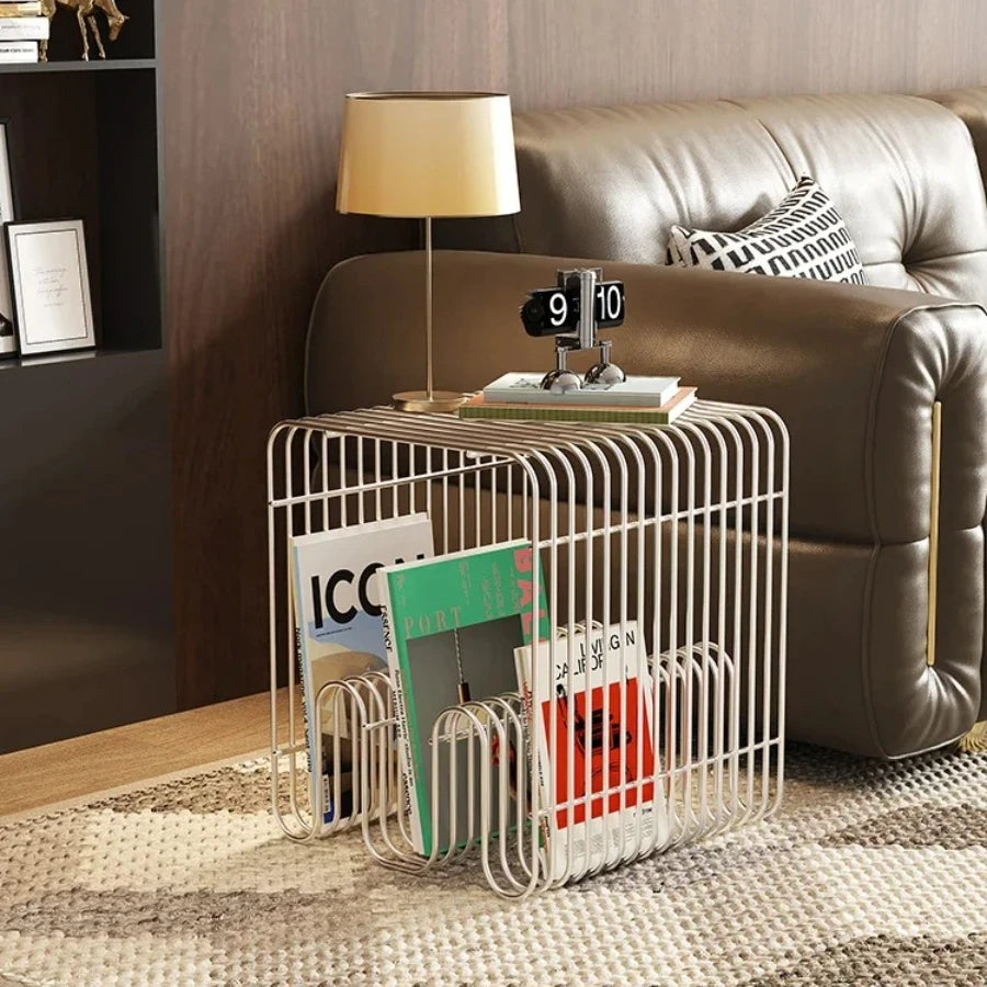 Side Table Metal Accent Table Integrated Magazine Rack Compact End Furniture – Silver