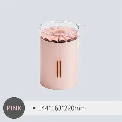 Rotating Jewelry Storage Box Desktop Organizer with Transparent Lid Multi-Layer Cosmetic and Accessories Holder – Pink