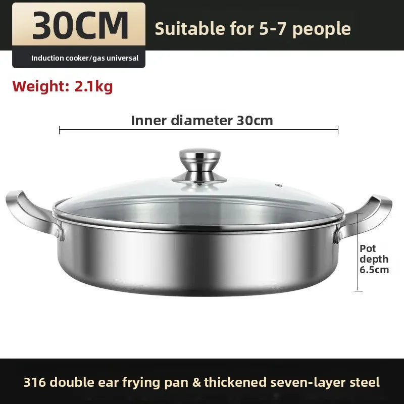Frying Pan 30cm 316 Stainless Steel Deep Skillet with Glass Lid