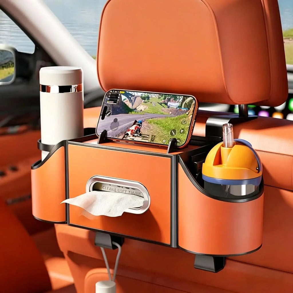 Backseat Car Organiser 4 in 1 Storage with Cup Holders Tissue Holder Phone Tray - Orange