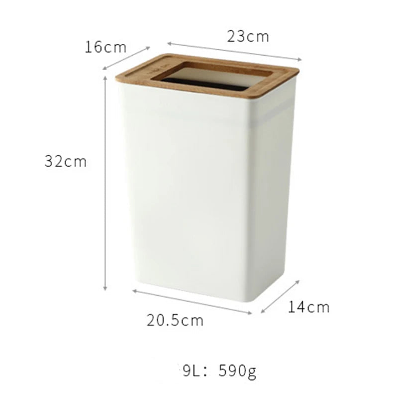 9L Countertop Waste Bin with Wooden Lid Tissue Holder Kitchen Bathroom Storage Bin