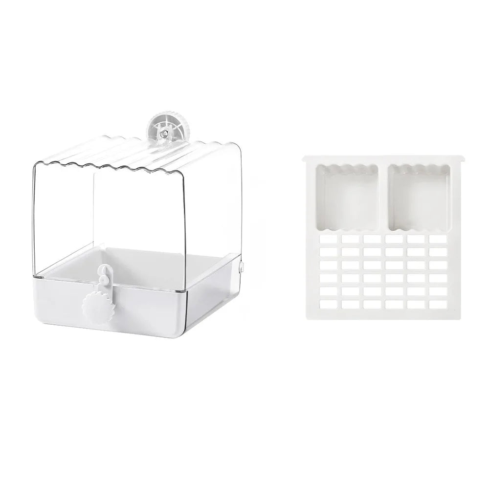 Transparent Parrot Bath Feeder Box Bird Bathtub with Bottom Drawer Splash Proof Cage Accessory – White