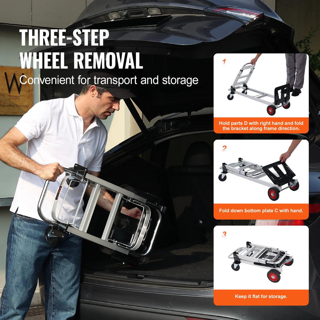 Folding Hand Truck Convertible 2 In 1 Utility Dolly Cart 181kg Capacity – Silver
