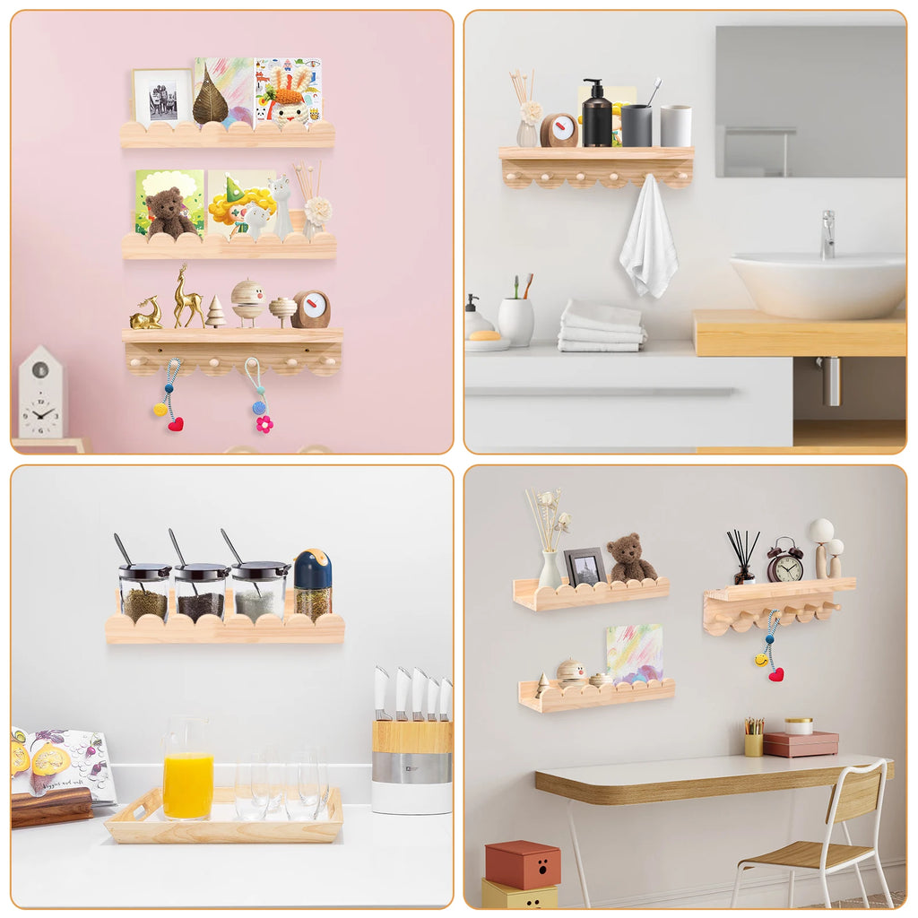 Wood Floating Wall Shelf Set with Scalloped Edge and Hooks – 3 Pieces