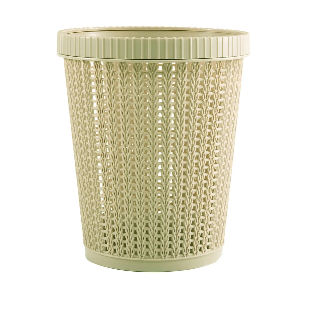 Rubbish Bin Round Rattan-Look Plastic Waste Basket with Built-In Bag Box - Green