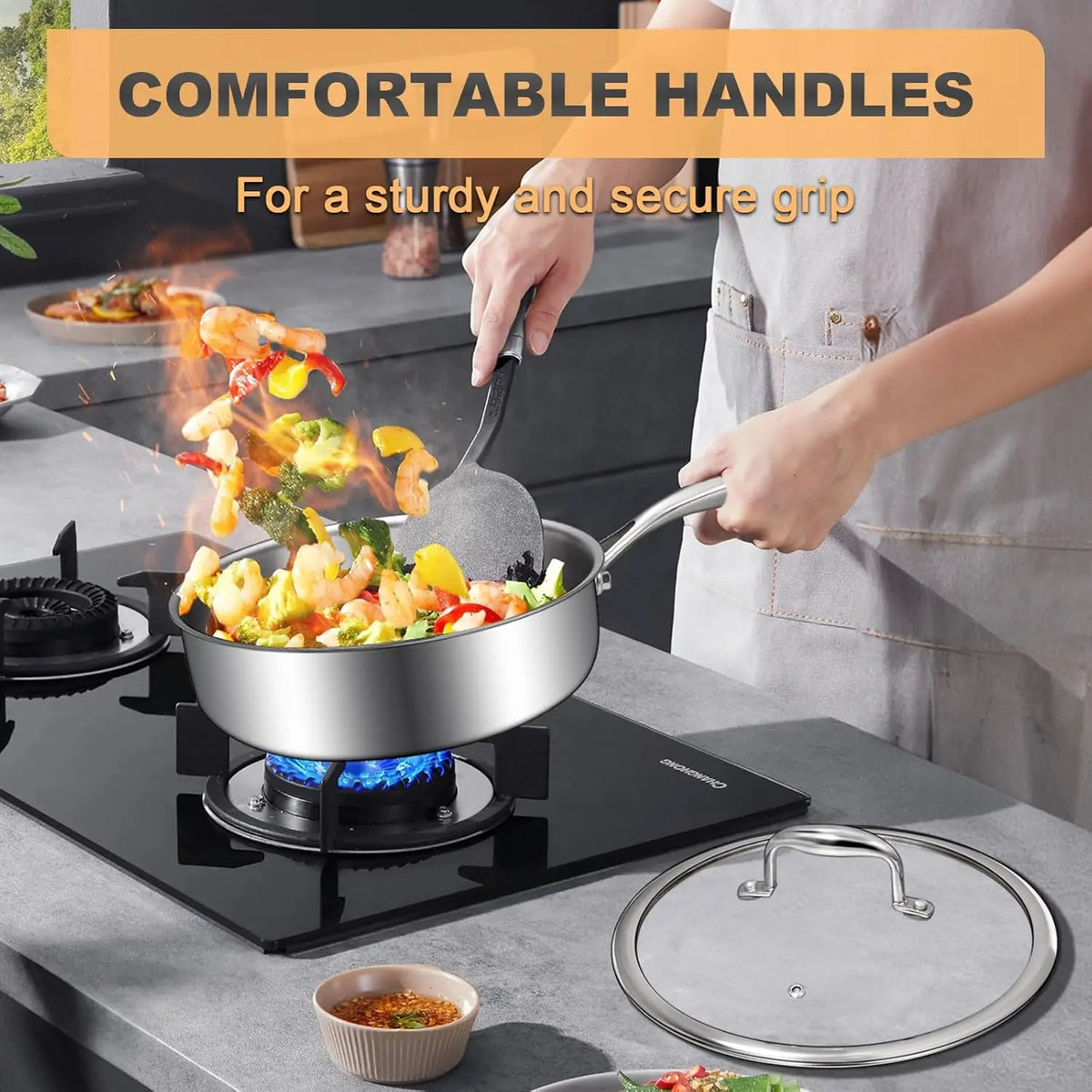 Frying Pan 20 cm 316 Stainless Steel Ceramic Coated Deep Pan Induction - Silver