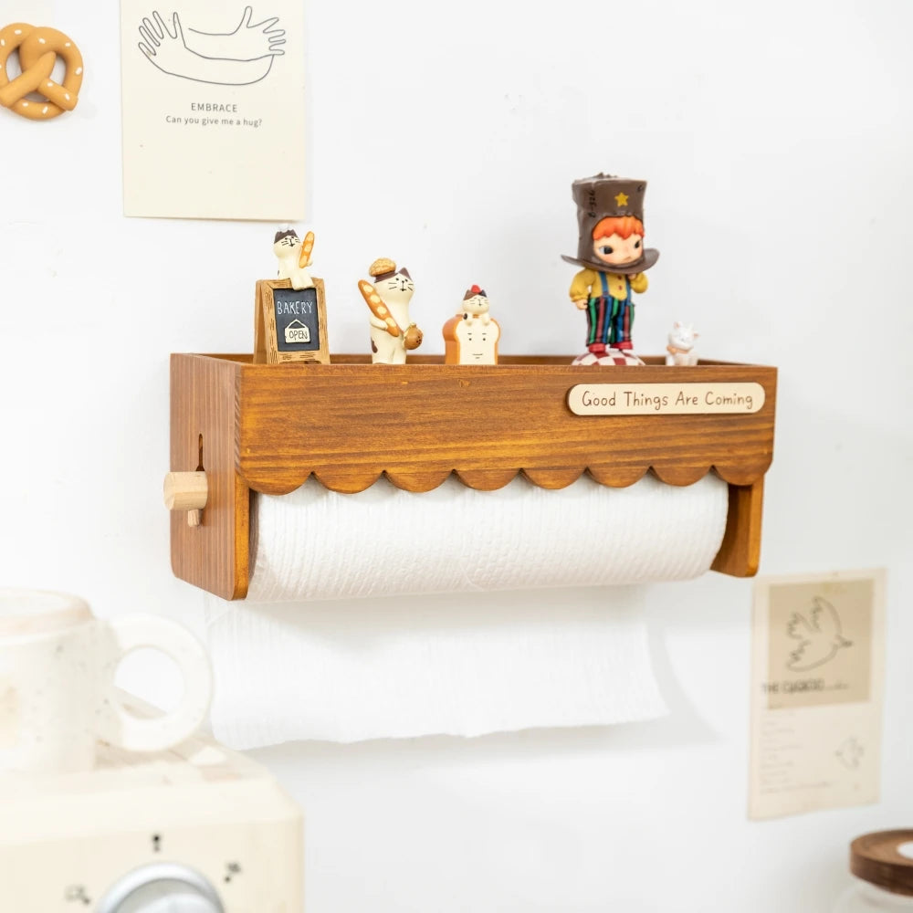 Wooden Paper Towel Holder Wall Mounted Kitchen Storage Rack with Display Shelf and Hanging Rod