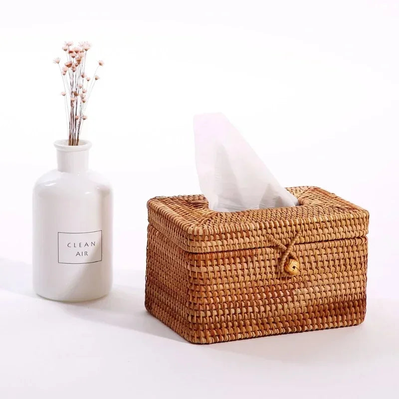 Tissue Box Handmade Rattan Woven Cover Holder for Bathroom Home Office - Small