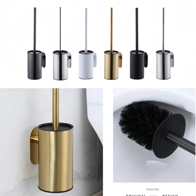Wall Mounted Toilet Brush with Holder No Drill Stainless Steel Handle Bathroom Cleaning Brush Set – Black