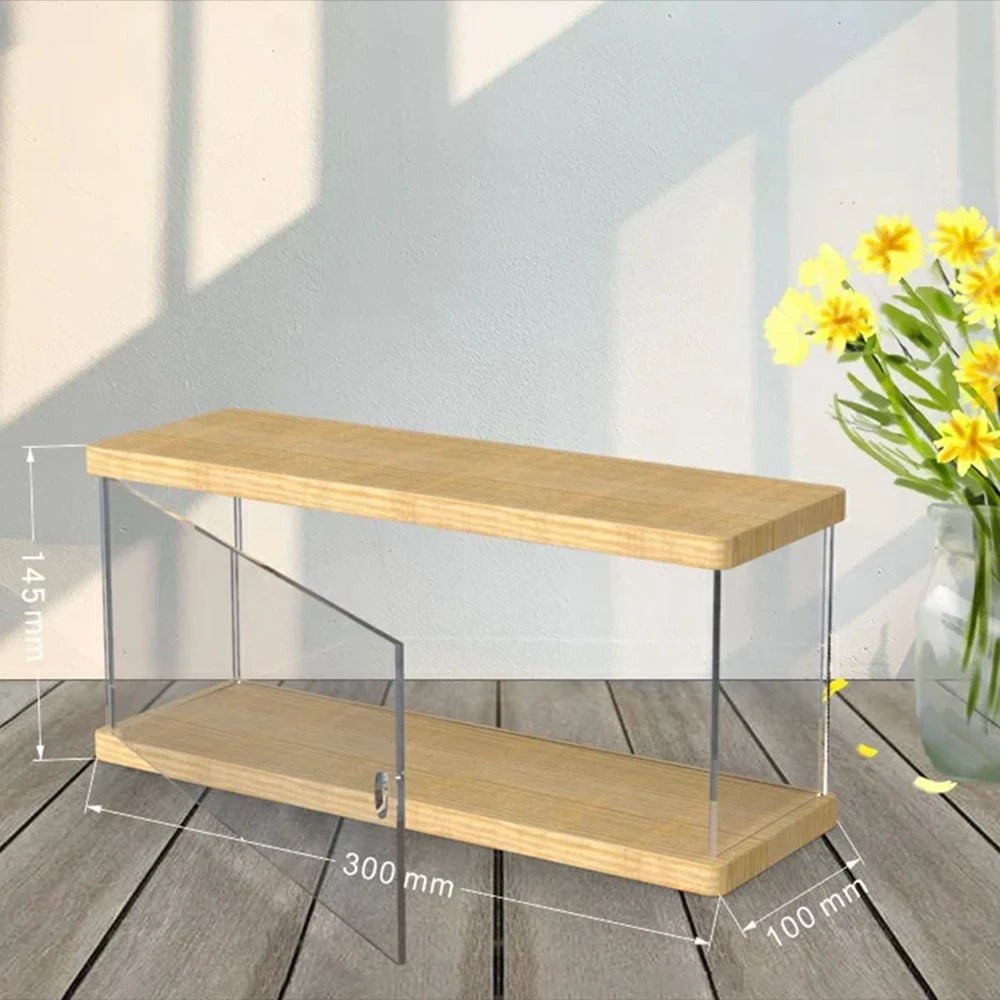 Display Case Acrylic Showcase with Wood Base 2 Tier Figurine Storage Box
