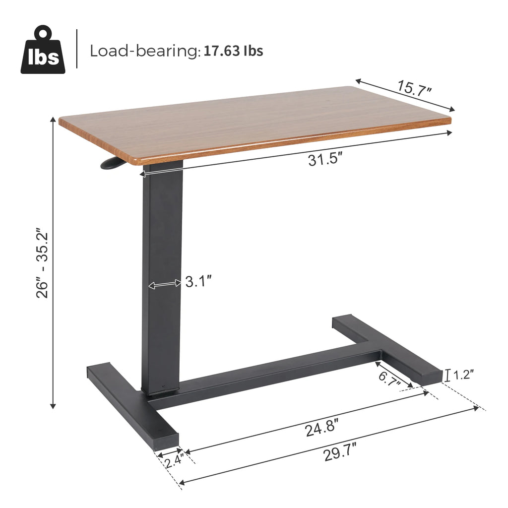 Overbed Laptop Table Adjustable Height Rolling Desk 80cm Wooden Top Bedside Stand - Brown