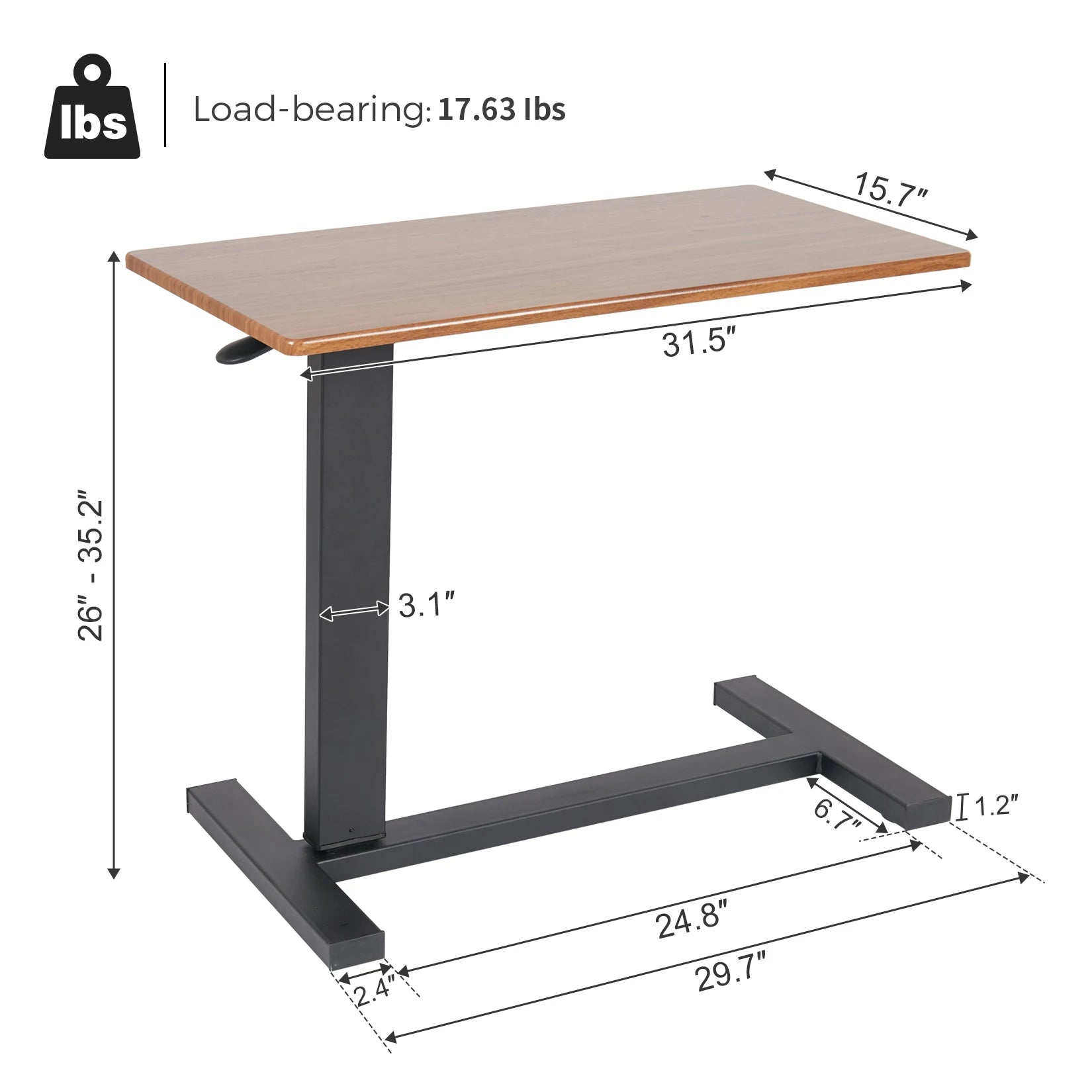 Overbed Laptop Table Adjustable Height Rolling Desk 80cm Wooden Top Bedside Stand - Brown