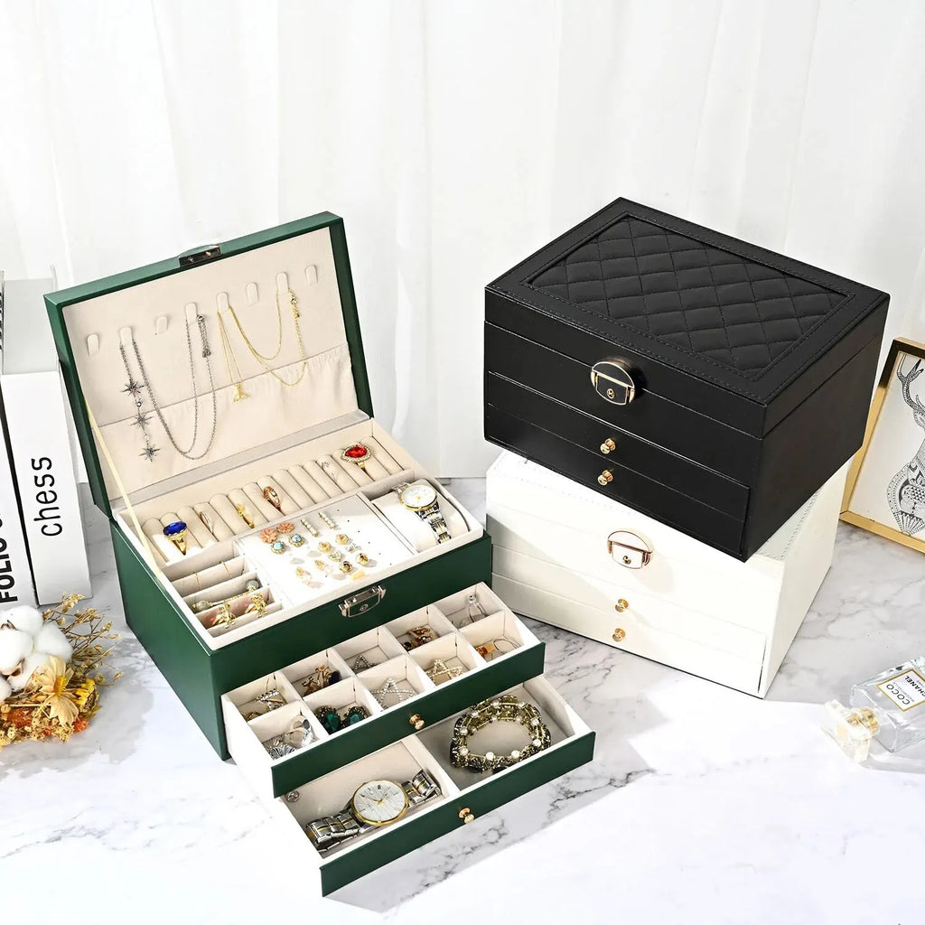 Jewellery Storage Box Multi Layer Leather Organiser with Velvet Interior and Drawers
