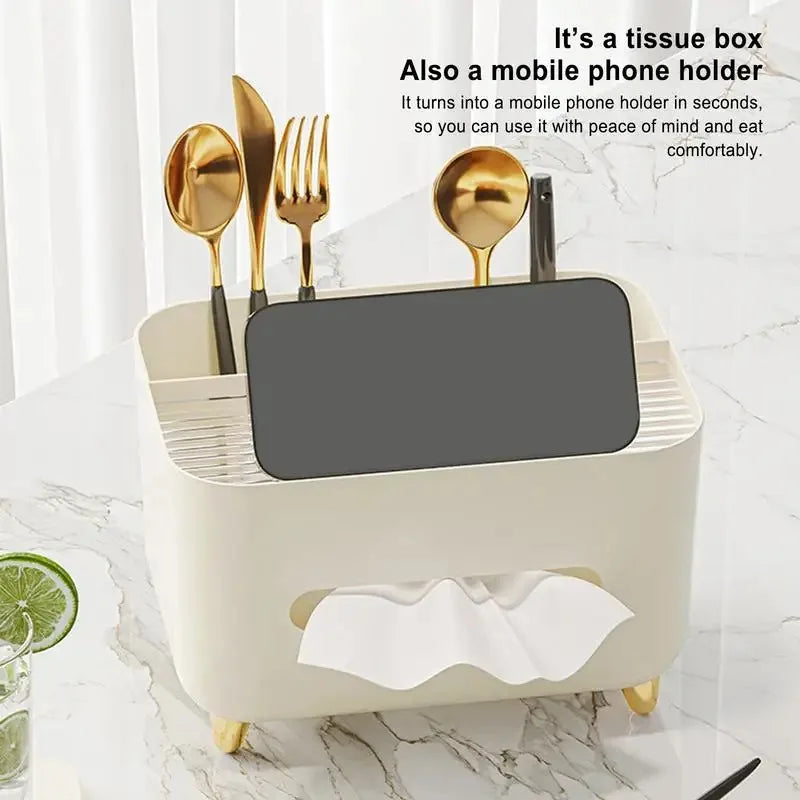 Tissue Box Holder with Storage Compartments and Remote Organiser ABS - Beige