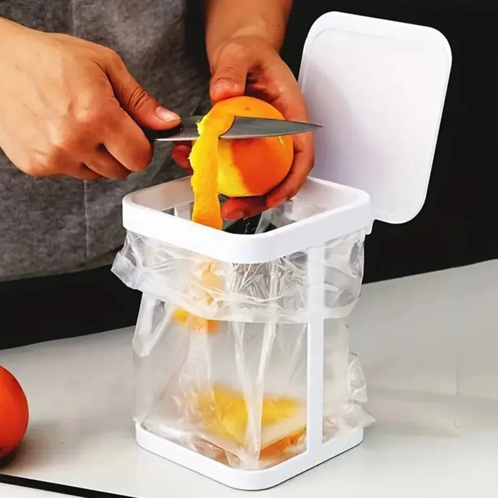 Foldable Mini Trash Bag Holder Portable Desktop Kitchen Food Waste Bin with Lid – White