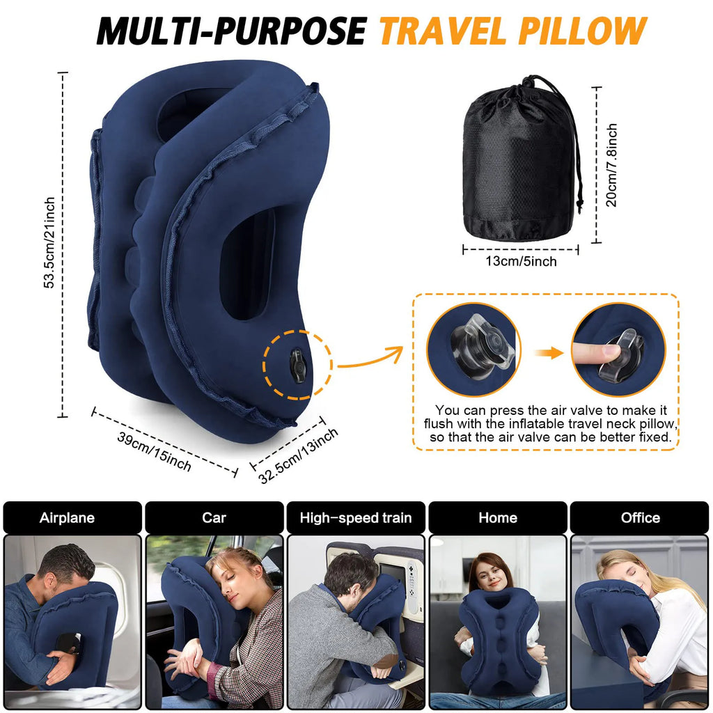 Inflatable Travel Neck Pillow Ergonomic Airplane Head and Neck Support Cushion – Black