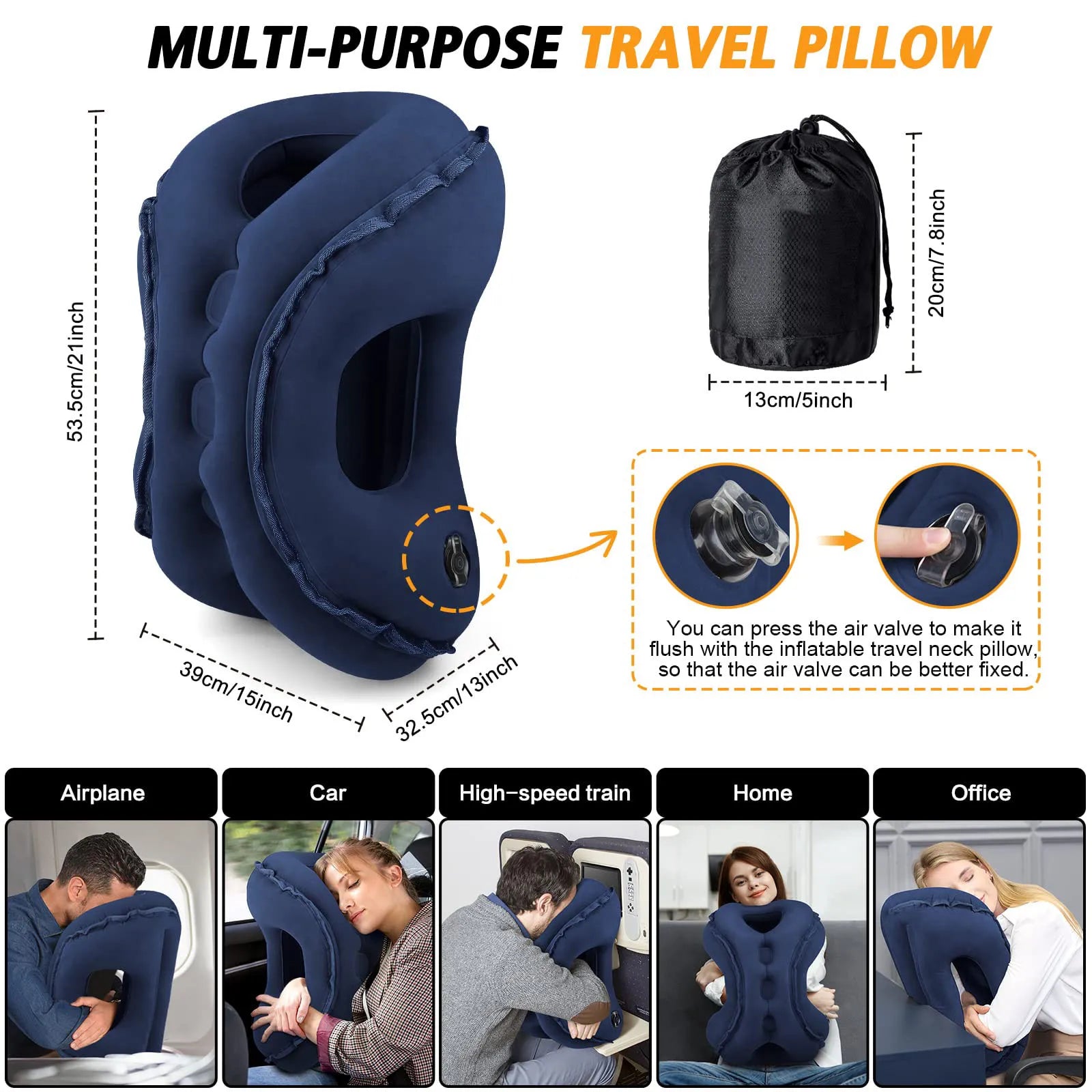 Inflatable Travel Neck Pillow Ergonomic Airplane Head and Neck Support Cushion – Black