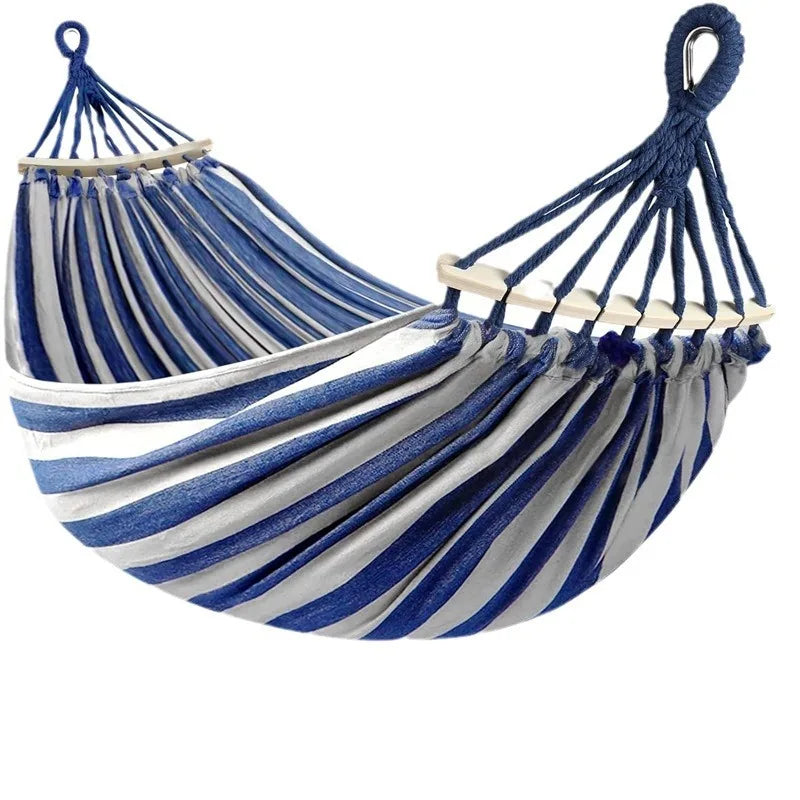 Canvas Hammock Double Camping Swing with Curved Wooden Poles – Outdoor Bed for Two - Blue