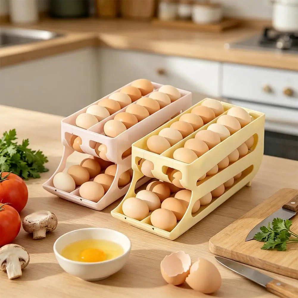 Rolling Egg Organiser 60 Egg Auto-Roll Multi-Tier Fridge Storage Rack - White
