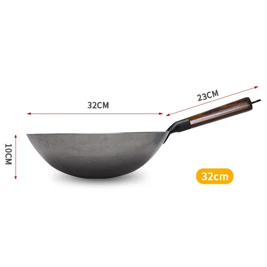 Hand Hammered Carbon Steel Wok 32cm Non-Coated Stir Fry Pan with Wooden Handle