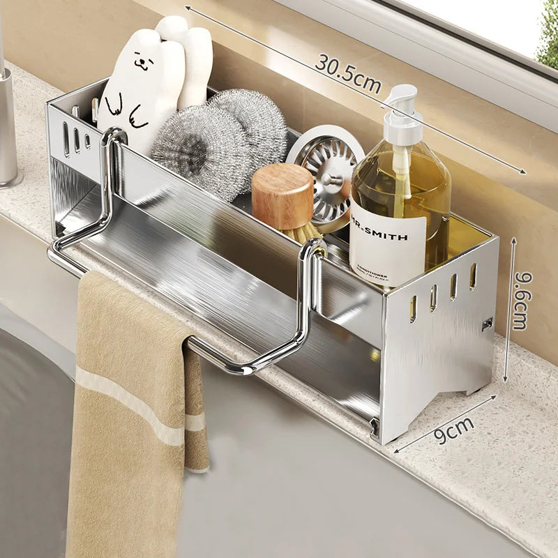 Stainless Steel Sink Storage Rack Kitchen Sponge Holder with Towel Bar Draining Organizer – Steel