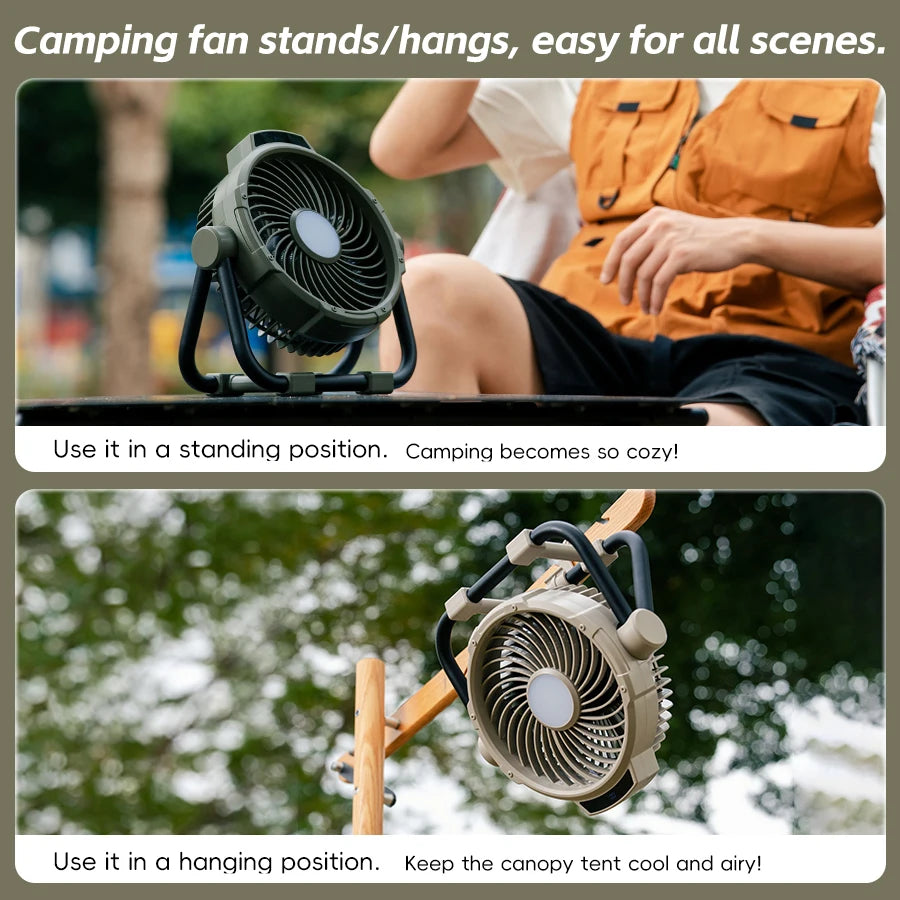 Camping Fan 10000mAh Rechargeable Portable Tent Air Circulator with LED Light – Green