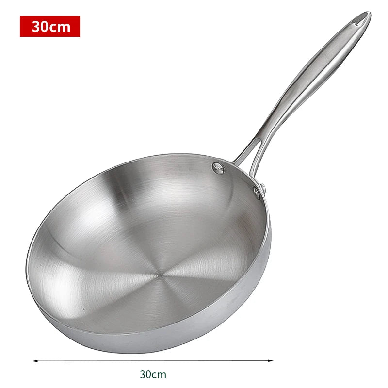 Frying Pan 30cm Stainless Steel Flat Bottom Uncoated Cookware Anti-Scald Handle