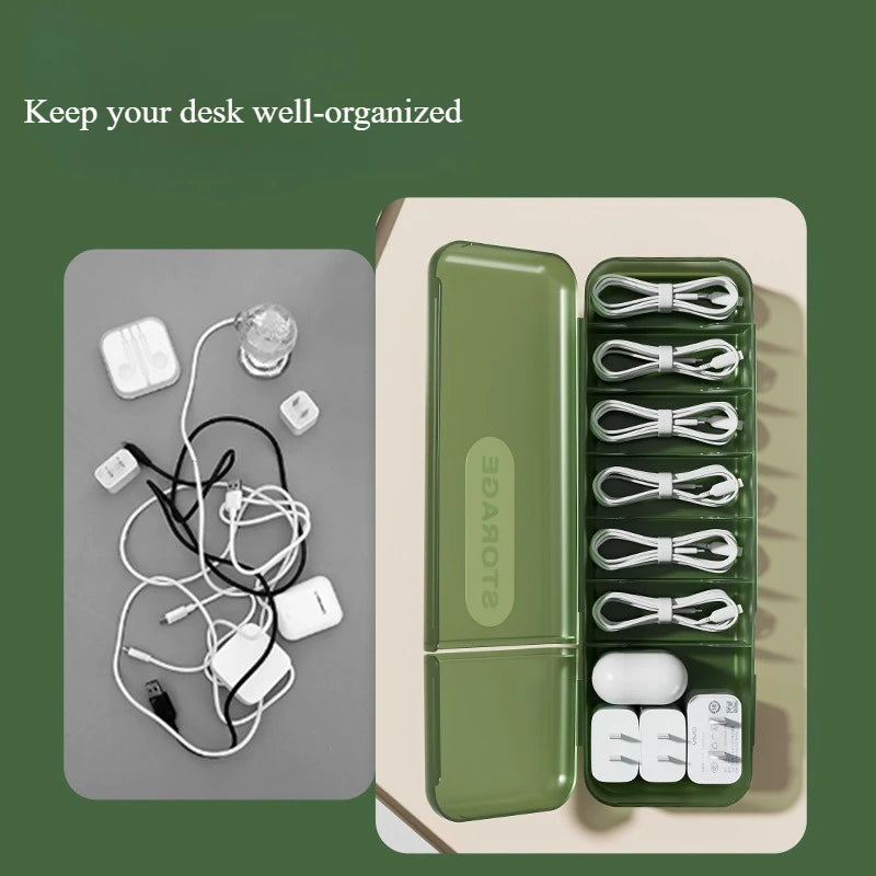 Cable Storage Box 2 Piece 28.5cm Covered Cord Organiser with Compartments - Green