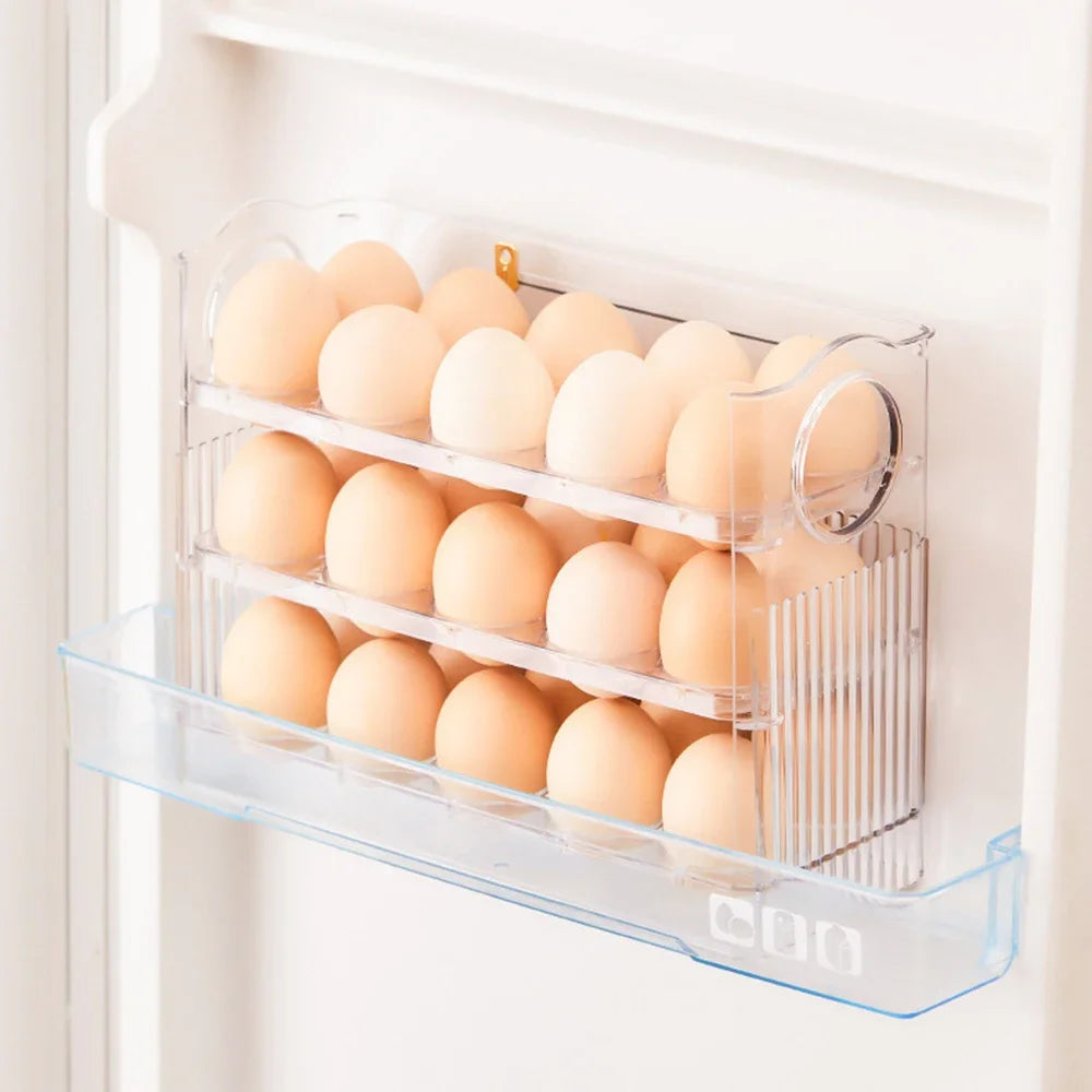 Egg Storage Container 30 Egg 3 Tier Flip Fridge Organiser Portable Date Dial Tray – Transparent