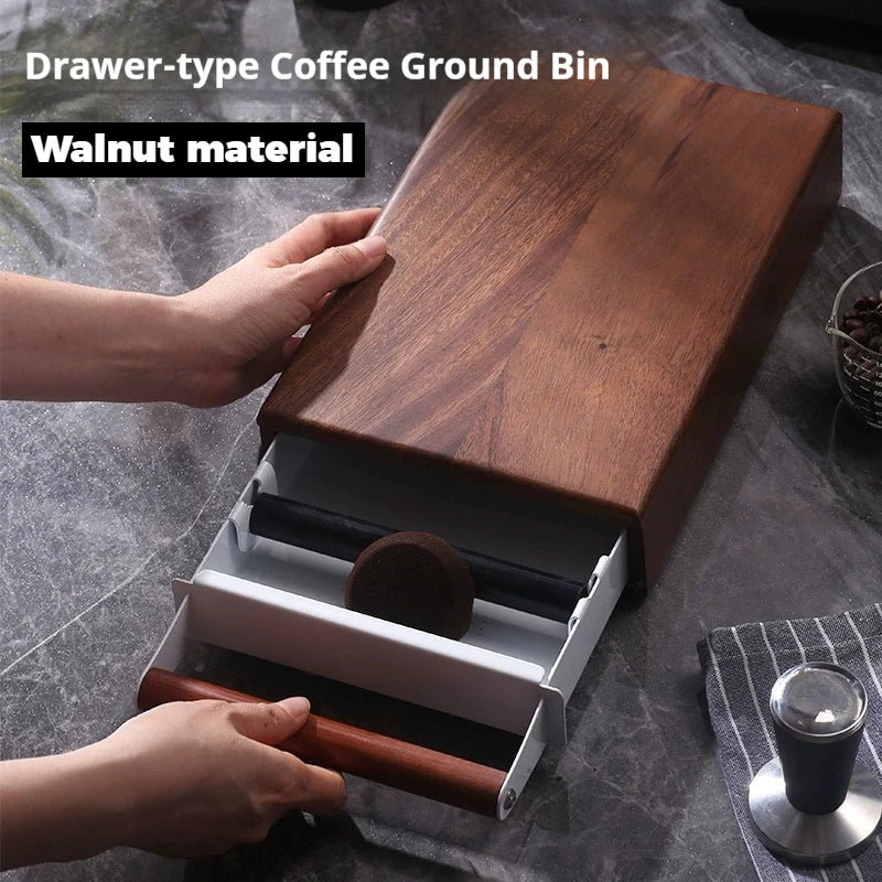 Espresso Knock Box Drawer Walnut Coffee Grounds Bin Stainless Steel - Black