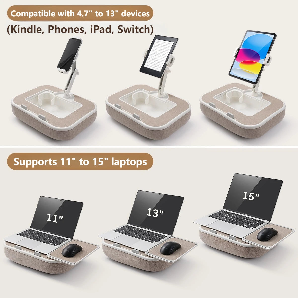 Adjustable Pillow Lap Desk with 360° Rotating Phone Tablet Holder and Storage Tray – Brown