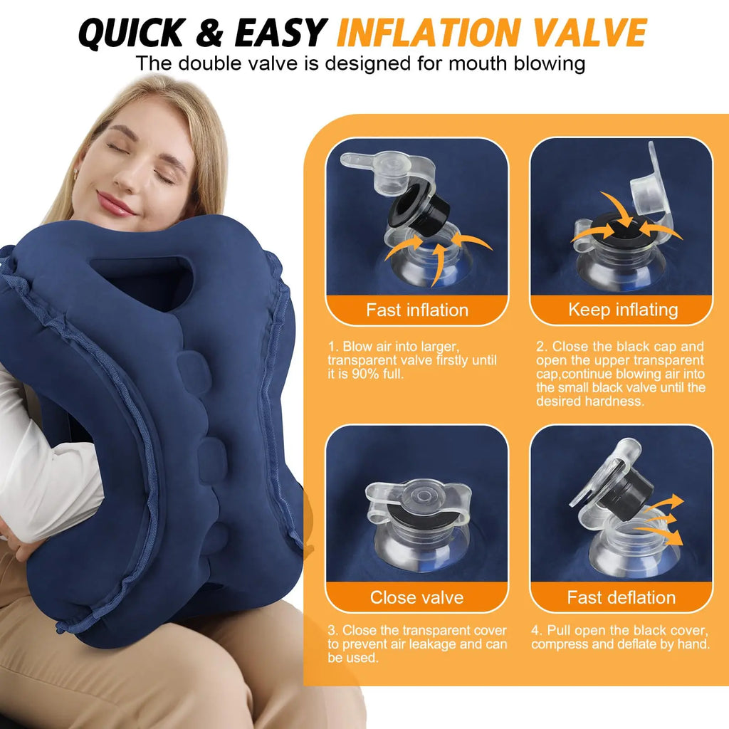 Inflatable Travel Neck Pillow Ergonomic Airplane Head and Neck Support Cushion – Blue