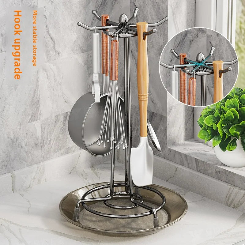 Rotating Kitchen Utensil Holder with Drip Tray 360° Metal Countertop Storage Rack – Black