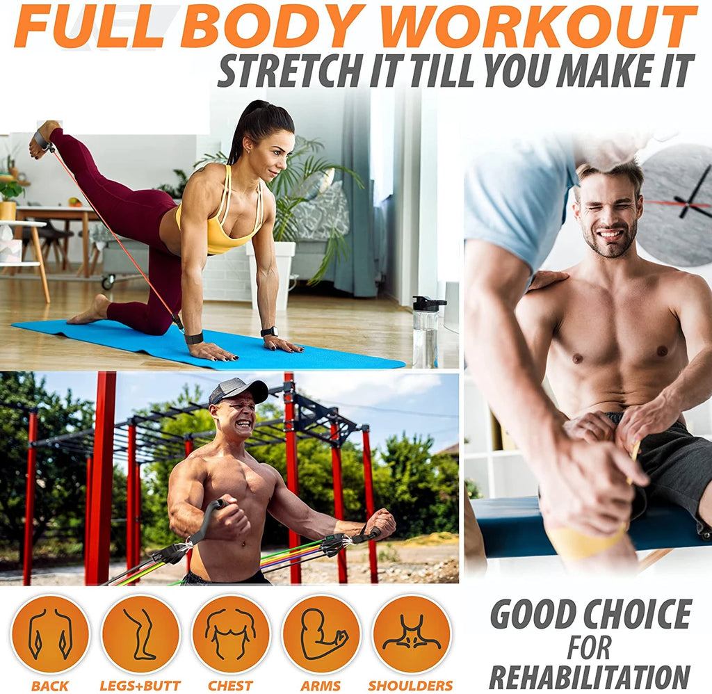 Resistance Bands Set Stackable Elastic Tubes Workout Kit with Door Anchor and Ankle Straps - 11pcs