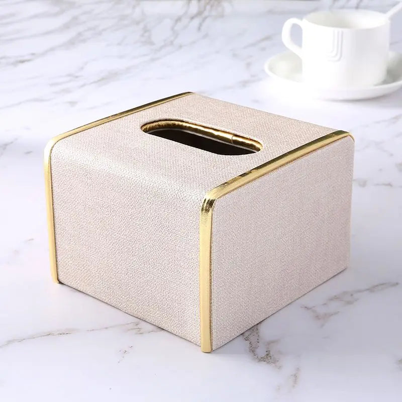 Tissue Box 19 × 13 × 9 cm Leather Covered Desktop Tissue Holder with Gold Trim