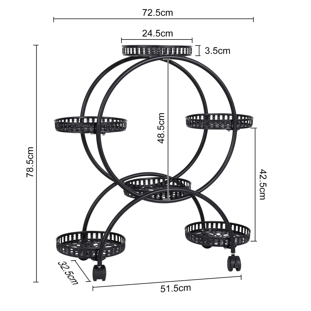 6 Pot Metal Plant Stand with Wheels 4 Tier Flower Display Rack Rolling Plant Shelf – Black