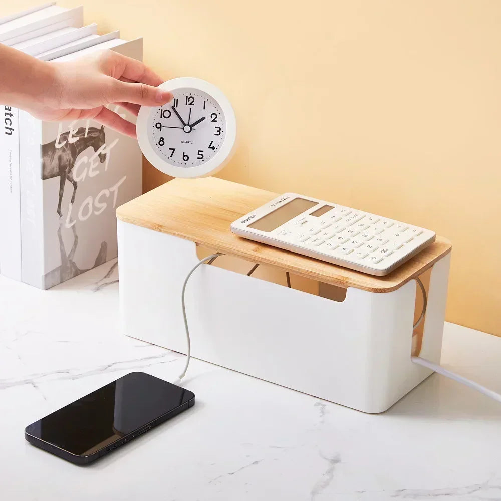 Wooden Office Cable Storage Box Power Strip Organizer – Black