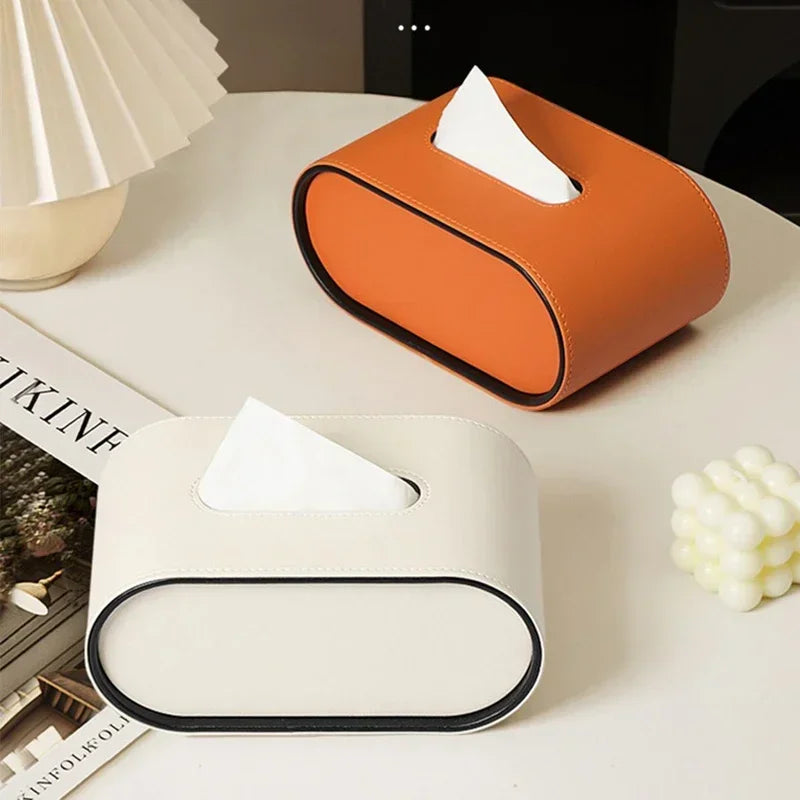 Luxury Leather Tissue Box Holder Modern Oval Napkin Storage – White
